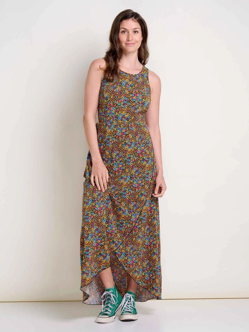 Toad&Co Floral Maxi Dress in Black with Blue, Yellow, and Red Flowers